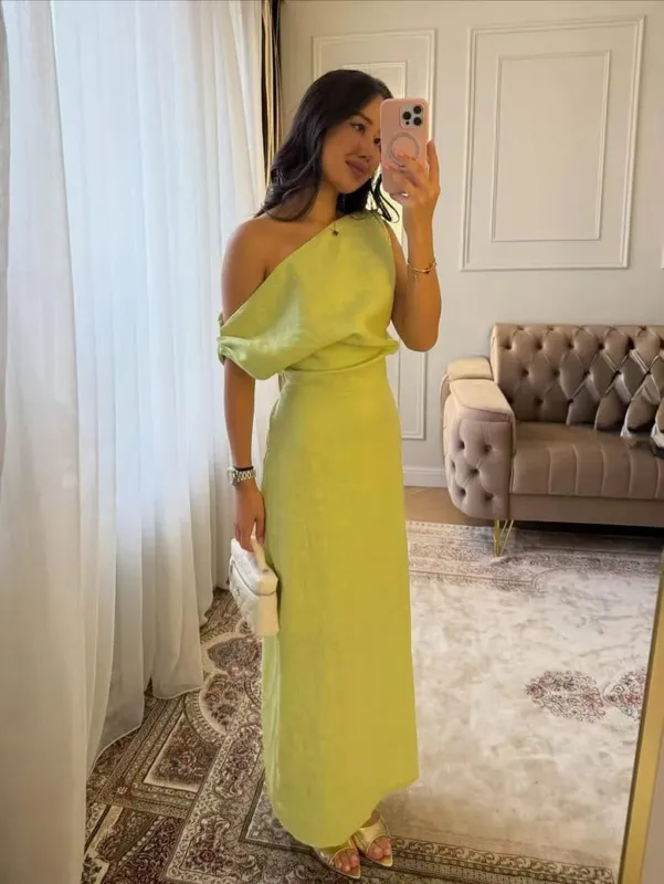 Elegant One Shoulder Asymmetric Pleated Long Dress Chic Solid Color Slanted Collar Slim Cinched Slit Cotton Linen Blend Dresses