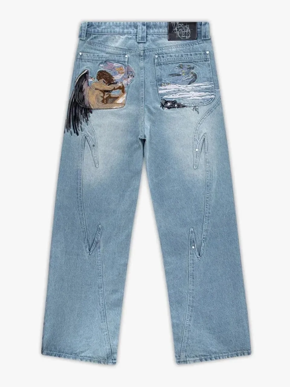Y2K Black Baggy Cargo Jeans Men Horse Back Pocket Embroidery Cursive Wild Ride Distressed Cut Out Wide Leg Casual Denim Trouser