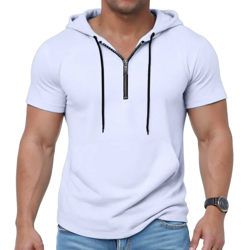 Hoodies casuais de manga curta masculina moda esportes metade zip cordão moletom mostrar mais forte solto respirável fitness hoodies — image 9