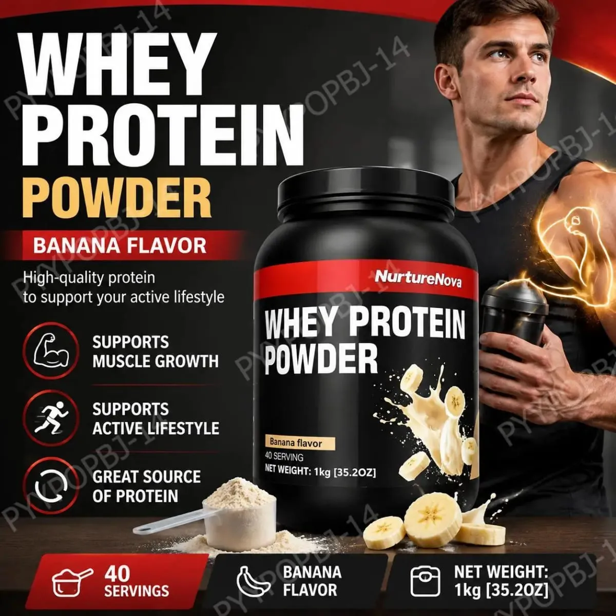 NurtureNova Whey Protein Powder with Taurine and Vitamins A D E C Zinc Banana Flavor 30 G Protein Per Serving 40 Servings