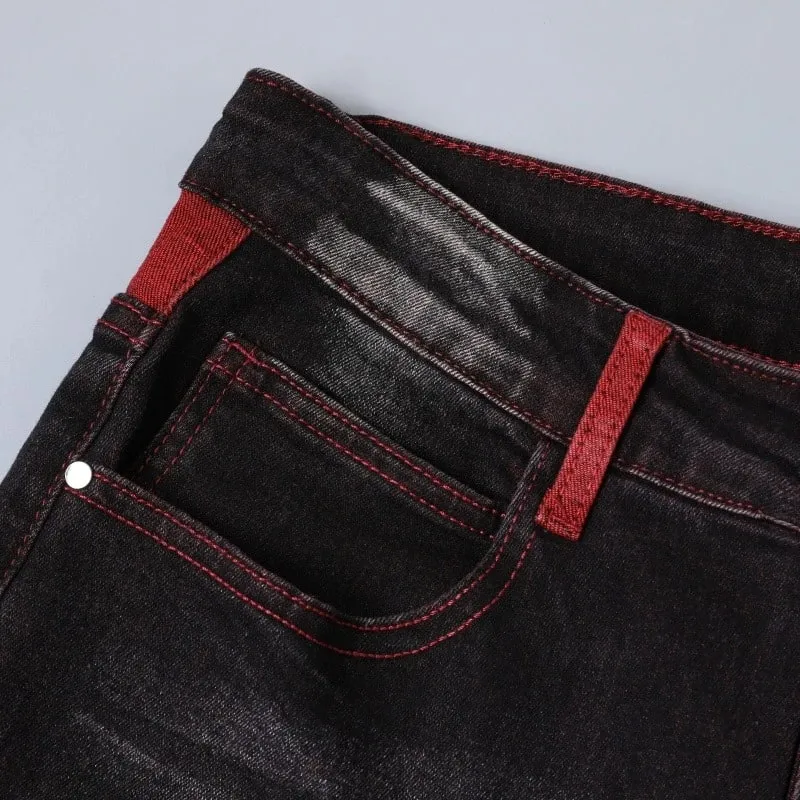 Streetwear Men Patch Ripped Jeans Black Red Design Slimming Men's Clothing Stretch Cozy Denim Pants Hip Hop Trend Trousers