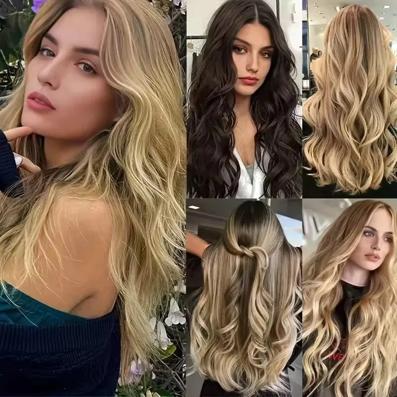 Synthetic 16Inch 11Clips Long Curly Hair Extension Heat Resistant Hair Extension Clips In Ombre Black Brown Blond Women