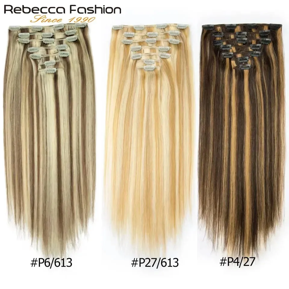 Rebecca Clip In Hair Extensions Human Hair Straight Clip In Blonde P6/613 P8/613 P27/613 P4/27 Color Clip Ins Remy Hair 7Pcs Set