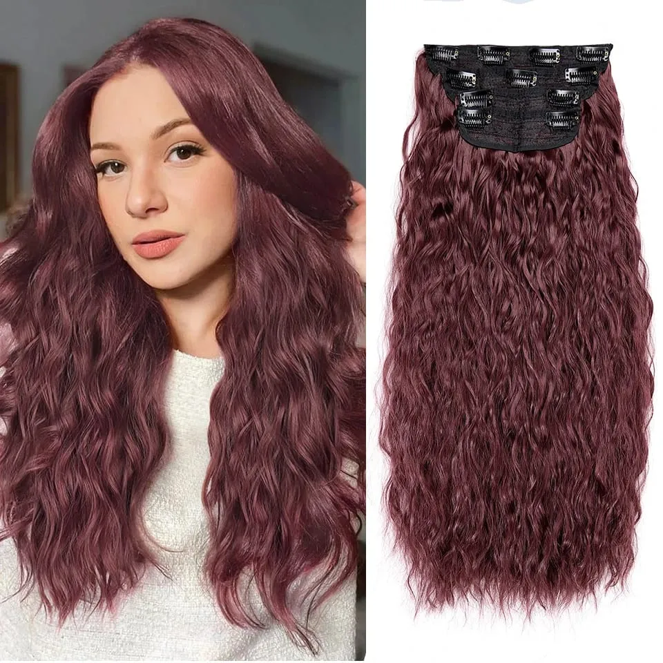 4PCS set Clip in Hair Extensions Natural Black Corn Wavy 20'' Long Curly Thick Synthetic Hairpieces for Women Girls Daily Party