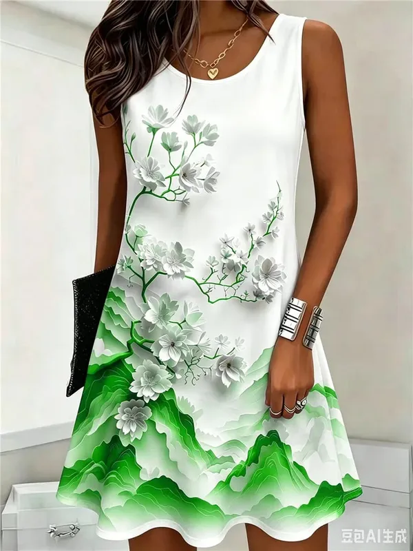 Flower Pattern Women Mini Dresses Summer Sleeveless 3D Floral Printed Street Style Ladies Dress 3XL Plus Size Loose Casual Dress