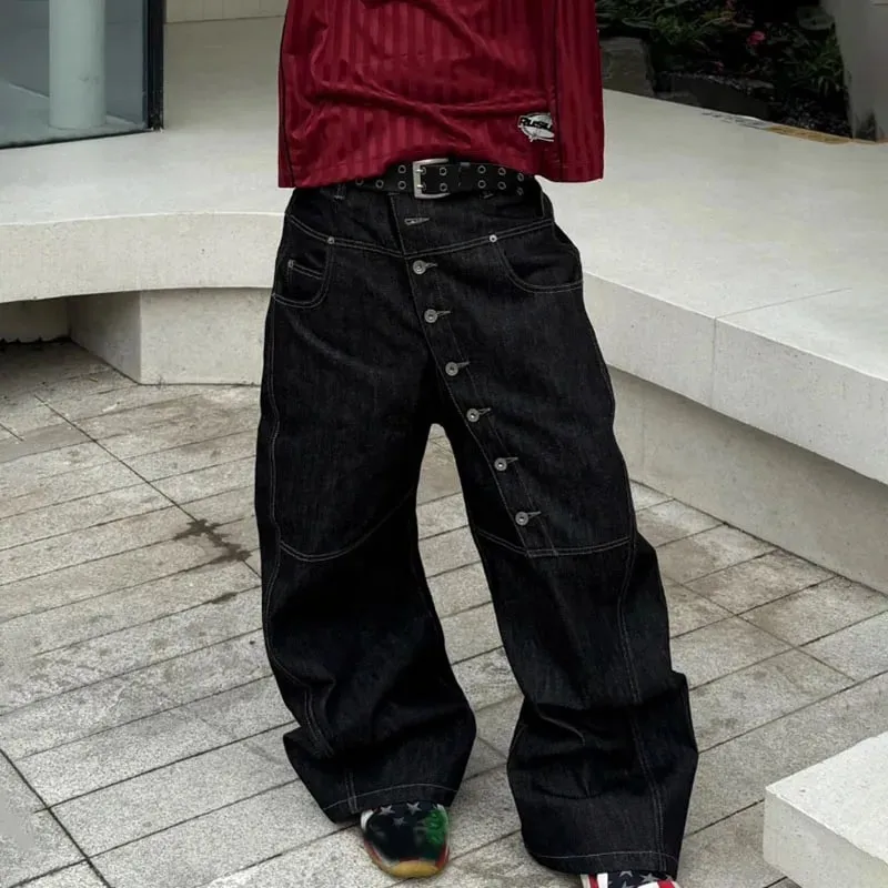 Korean High Street Buckle Curved Jeans Autumn Men'S Loose Straight Leg Pants Black Wide Leg Pants Casual Pants Hip-Hop Pants