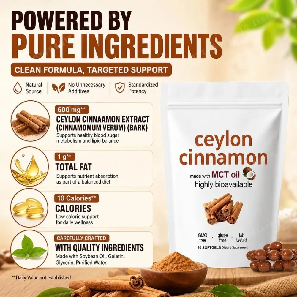 Ceylon Cinnamon 600mg 12-1 Extract Softgels 7200mg Equivalent MCT Oil Highly Bioavailable Daily Dietary Supplement 30 Softgels