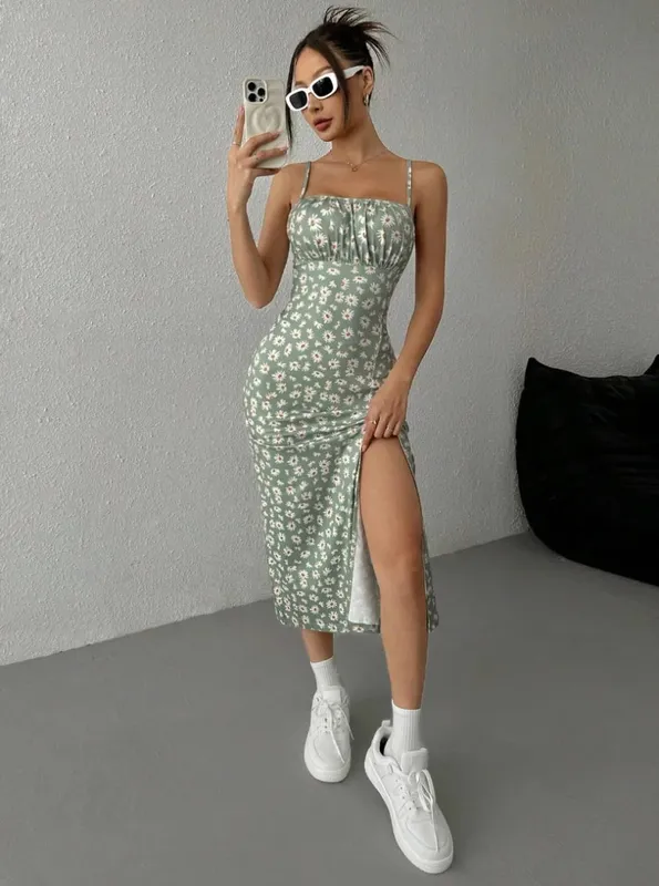 Women's Casual Dresses Daisy Floral Print Spaghetti Strap Midi Dress Square Neck Bodycon Split Summer Dress Beach Party Sundress