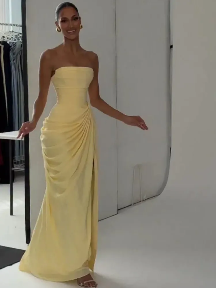 Elegant Yellow Strapless Pleated Dress Women Chic Sleeveless Waist Cinching Split Maxi Gowns Lady Evening Party Dresses 2026 Bago