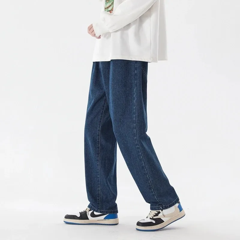 2023 New Korean Fashion Men's Casual Ankle-Length Jeans Classic Man Straight Denim Wide-leg Pants Light Blue Grey Black 3XL