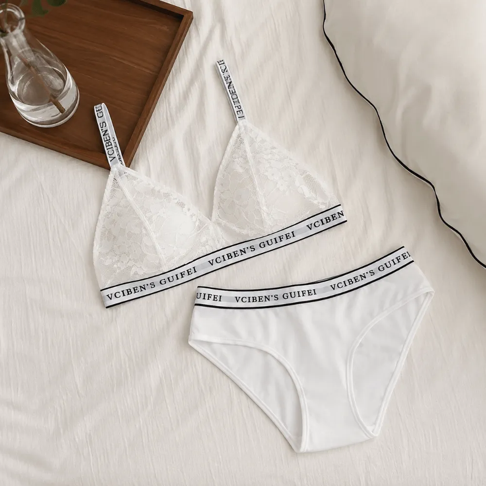 Fashion Letter Design Lingerie Set Lace Wireless Women Underwear Suit Deep V Color Blocking Bra Panties Set Girl — image 4