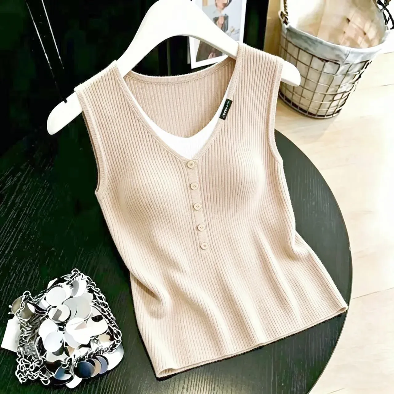 zjaiss Color Block Versatile V Neck Camis 2026 Summer Ice Silk Women Camisole Thin Layer Outer Wear Fake Two Piece Knit Tank Top
