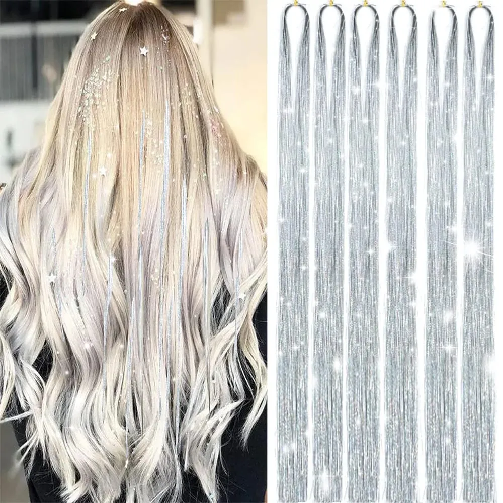 Hair Tinsel Kit 6 Pcs 2000 Strands Silver Tinsel Hair Extensions Fairy Hair Tinsel Heat Resistant Sparkly Shiny Synthetic Hair