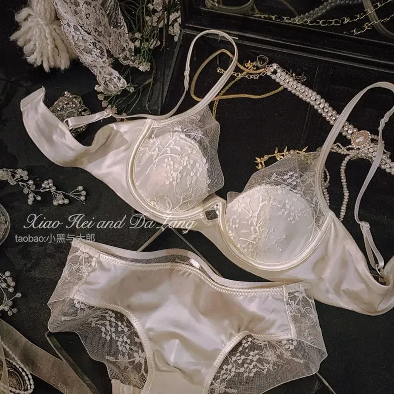Lace Satin Lingerie Set for Summer Small Chest Gathering Soft Steel Ring Support Anti Sagging Bra Underwear Two-Piece Set