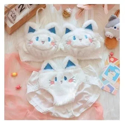Cute Cat Paw Plush Lingerie Set for Women Warm Winter Bra & Panty with Ears Comfortable Kawaii Underwear