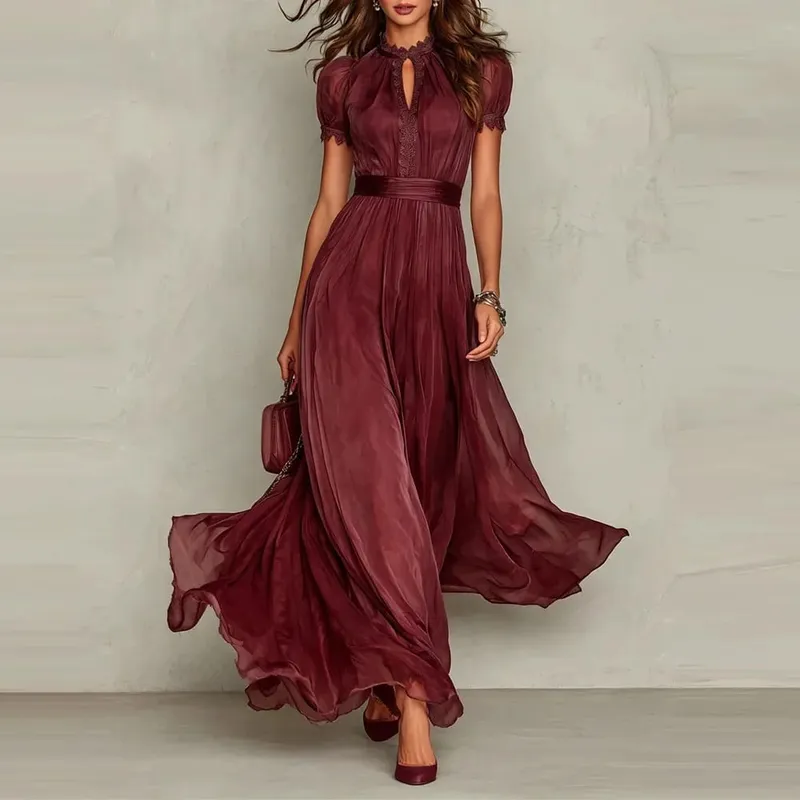 Elegant Chiffon Lace Trim Midi Dress Stand Collar Neck Puff Sleeve Cinched Waist Draped A Line Flowy Women's Casual Dresses