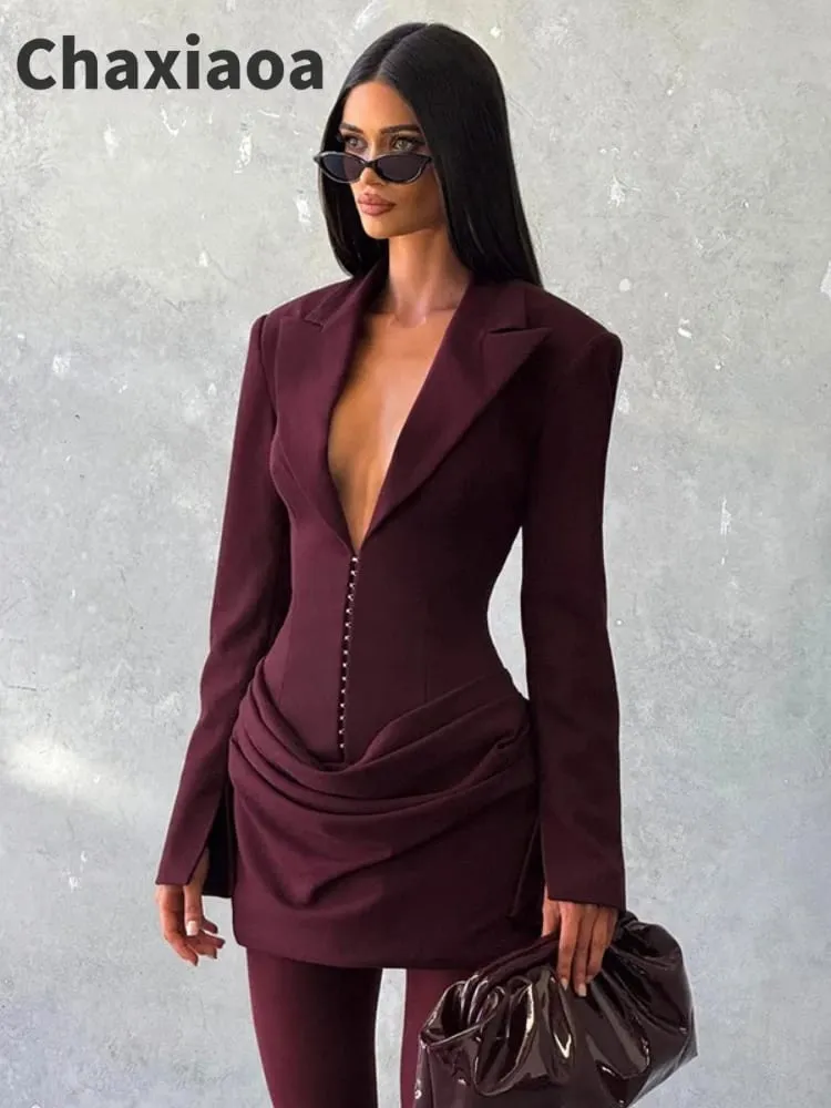 Chaxiaoa Long Sleeve Deep V Neck Ruched Sexy Mini Dress Women Autumn Winter Fashion High Waist Club Party Blazer Dresses Female