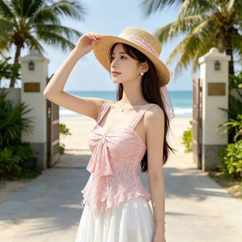 French soft pure aesthetic women cropped camisole solid lace jacquard fabric bow ornament waist cinched versatile sleeveless inn