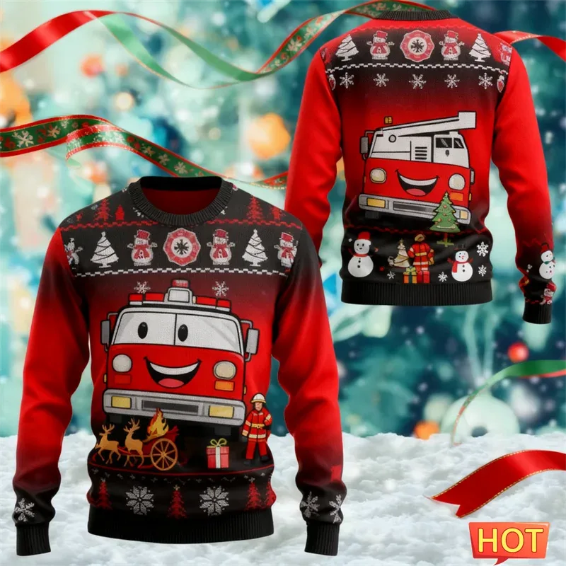 Fashion Fire Truck Graphic Ugly Christmas Sweater For Men Trendy Streetwear 3D Printed O Neck Sweatshirts Loose Streetwear Tops — image 5