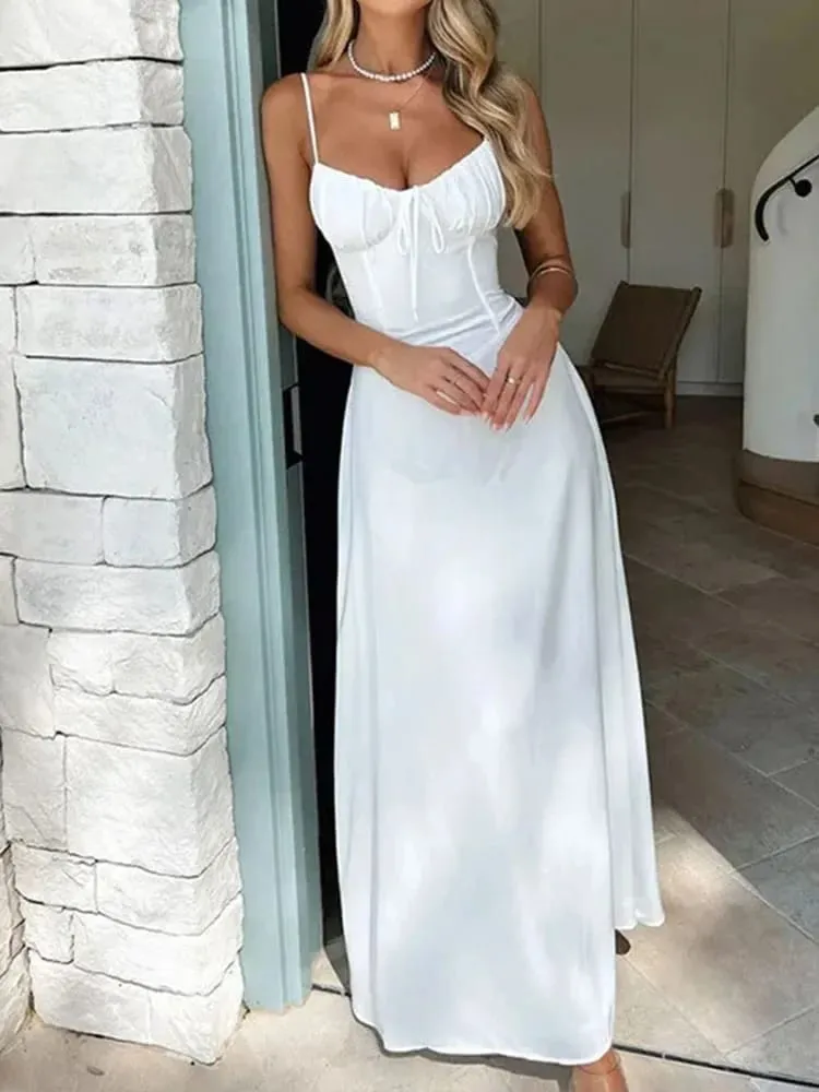 Elegant Strappy Rygløs Lang Kjole Dame Sommer Mode Rund Hals Smocked Ensfarvet Slank Aftenkjole Lang Kjole