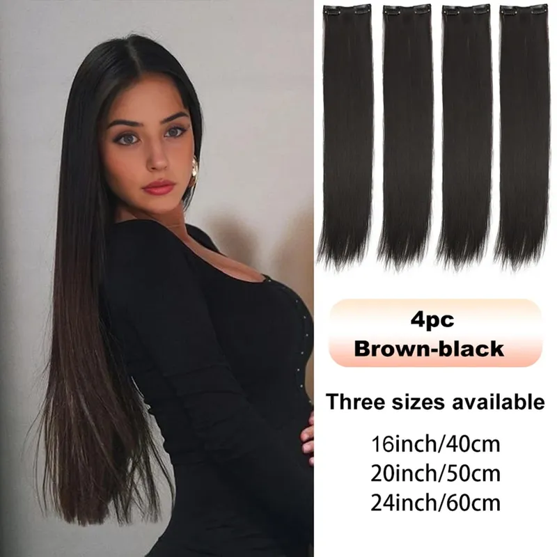 4PCS synthetic hair extension piece long straight hair wig clip heat-resistant wig piece extension on a woman's hair