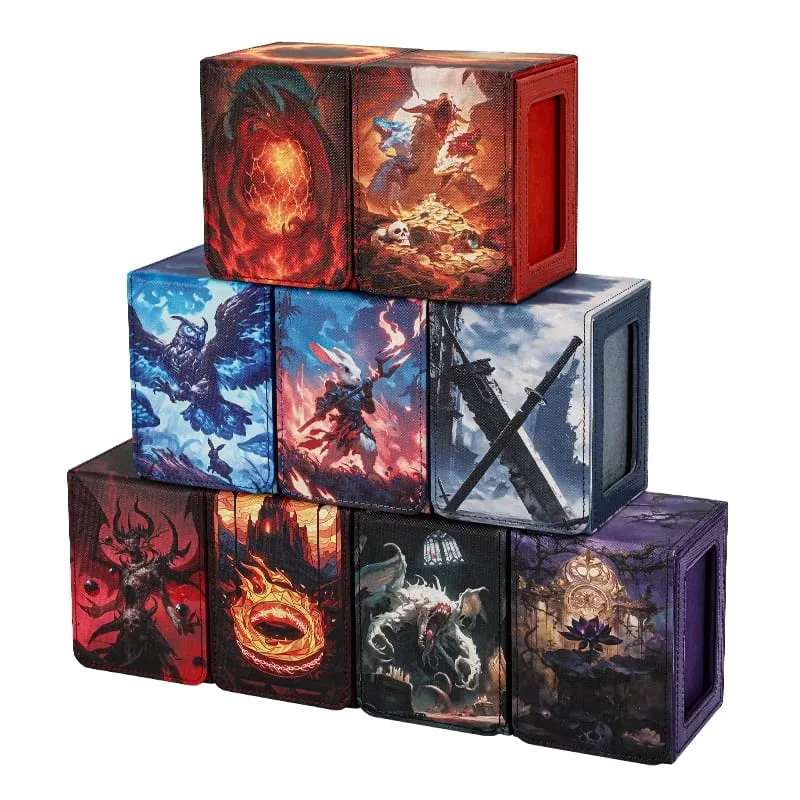 Card Deck Box for Pattern Print Cards with Display Window Hold 100+ Double-Sleeved Cards PU Leather Card Box Fits TCG Cards