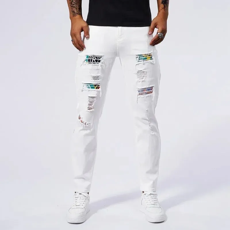 Witte 97% katoenen jeans herenkleding nieuwe gescheurde slanke patchwork mode gat skinny elasticiteit denim broek mannelijke streetwear — image 2