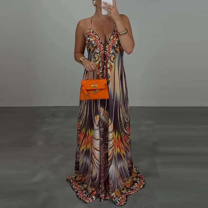 Casual High Waist Evening Party Dress Sexy V-neck Backless Sleeveless Vacation Robes Elegant Bohemian Printed Women Loose Dress — image 7