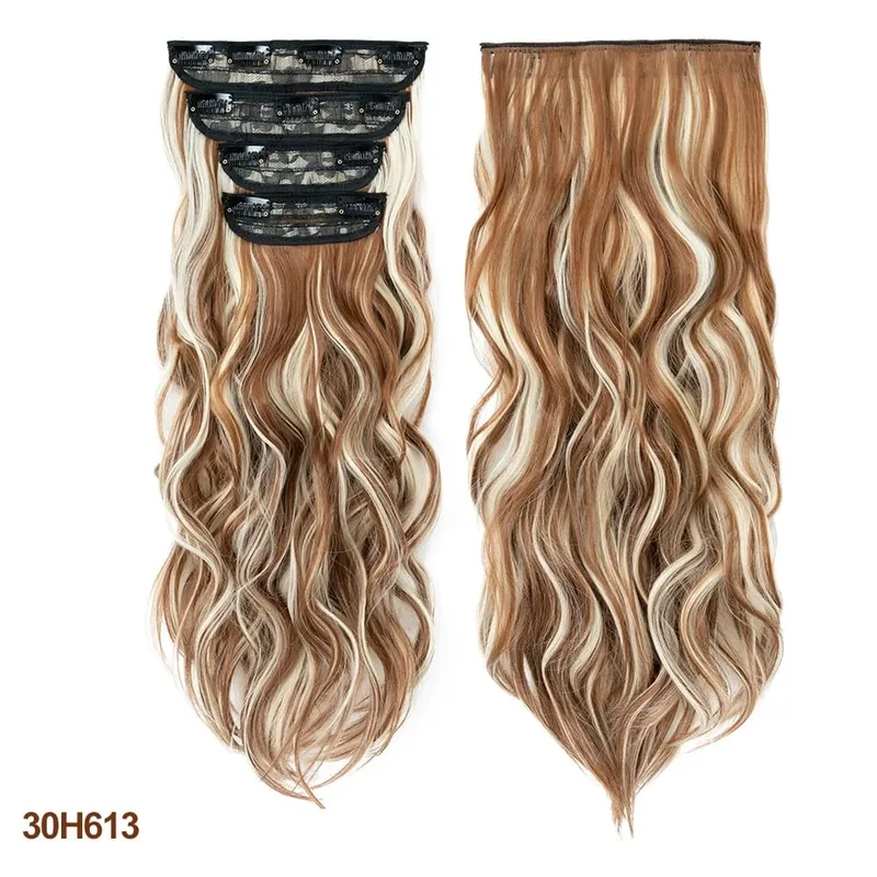 4 Pieces Set Clip In Hair Extensions Highlight Wavy Curly Long Synthetic Hairpieces For Women 22 Inch 180g Hair Clips Hair