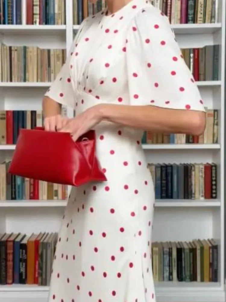 Women's White Red Polka Dot Mixi Dress Elegant Round Neck Flutter Short Sleevewaist Cinching Dresses Women Summer Daily Outfit
