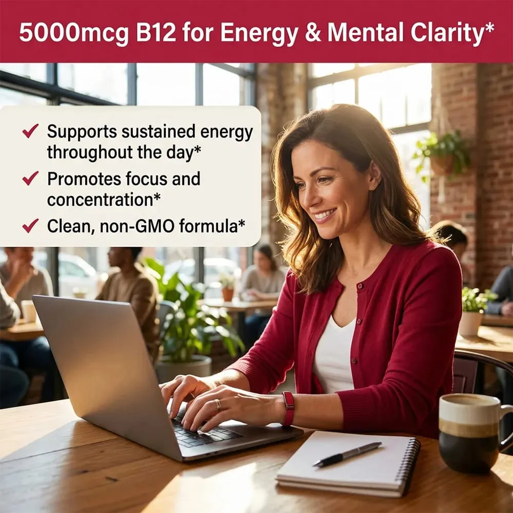 Vitamin B12 with Collagen Hyaluronic Acid - Supports Energy Focus Mood Nervous System & Immune Health Relieves Fatigue