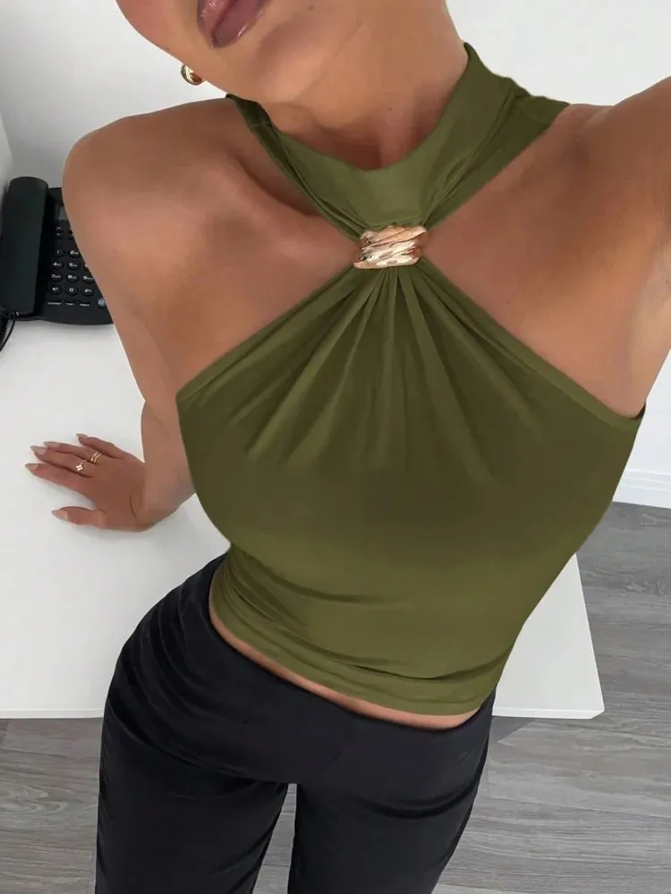 Metal Ring Decor Twist Knot Sleeveless Tank Top for Women Summer Casual Elegant Office Style Halter Neck Slim Fit Crop Top