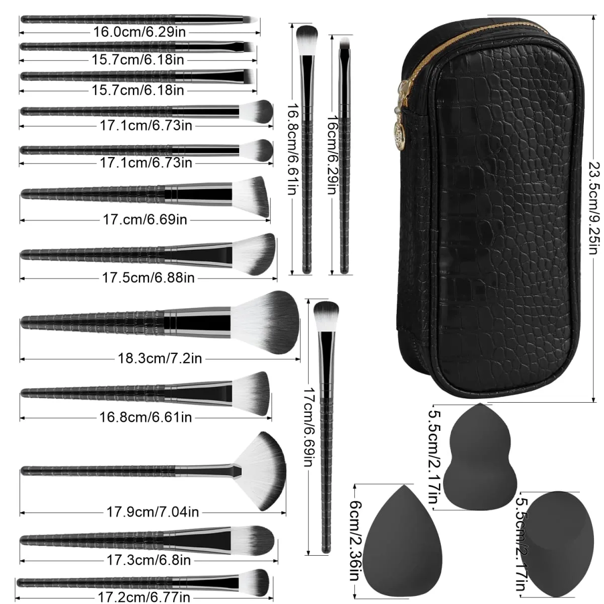 15Pcs Complete Makeup Brush Kit with Bag & 2 Beauty Sponges Face Eye Brushes for Beginners & Artists