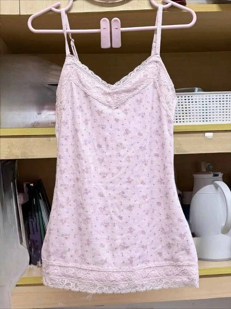 2000s Harajuku Vintage Hot Girl Slim Tanks Y2k American Retro Sexy Camis Summer Japanese Sweet Lacce Solid Sleeveless Tops Chic