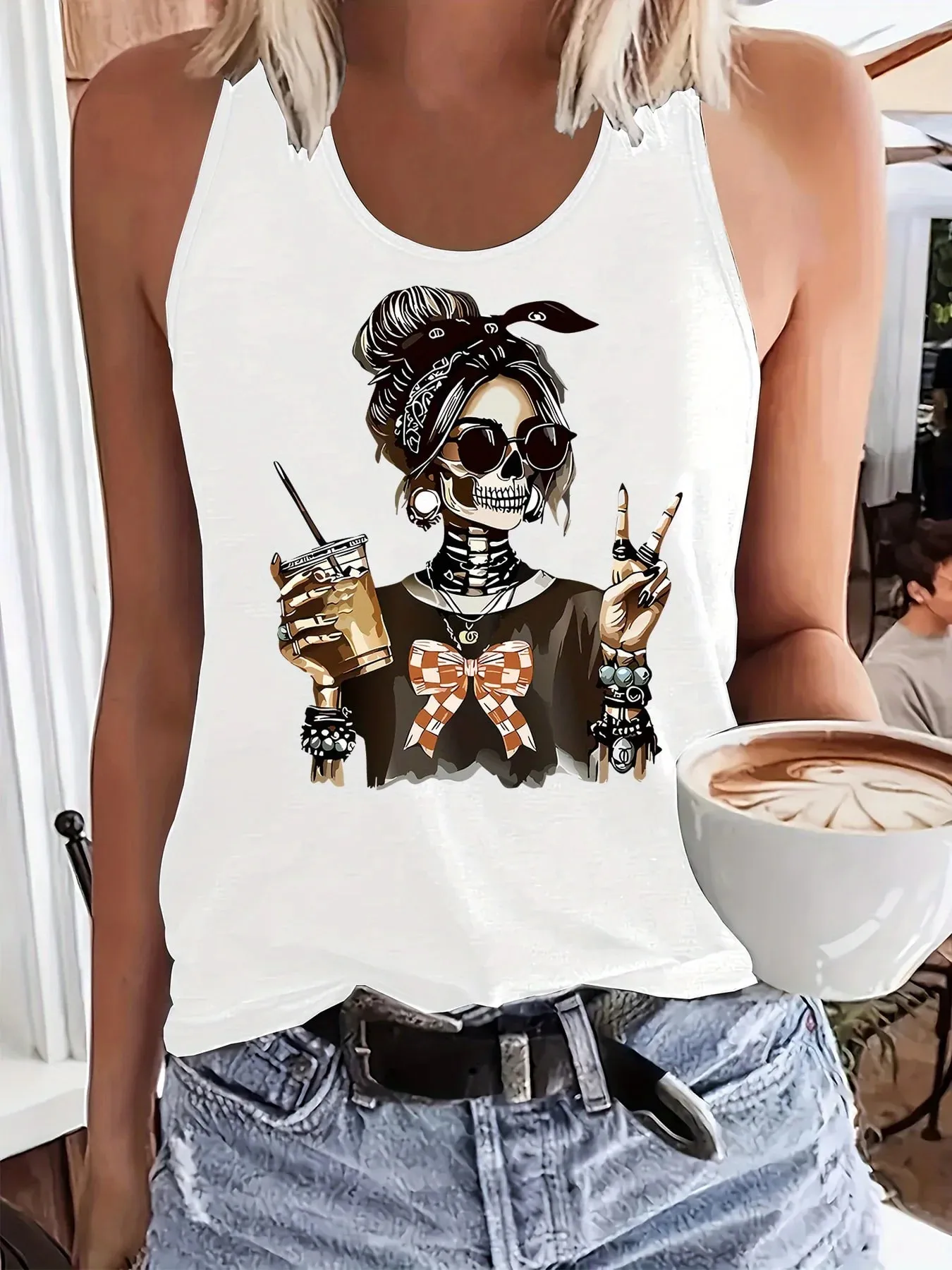 Graphic Skull Print Tank Tops Sleeveless Casual Vest T Shirt for Summer and Spring Women's Funny Fashion Tshirt Clothing Female