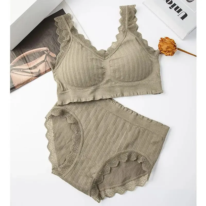 2025 Seamless Lace Back Bra Set U-Shape Sexy V-Neck Women's Underwear Full Cup Fixed Strap Home Clothes No Brand Registered