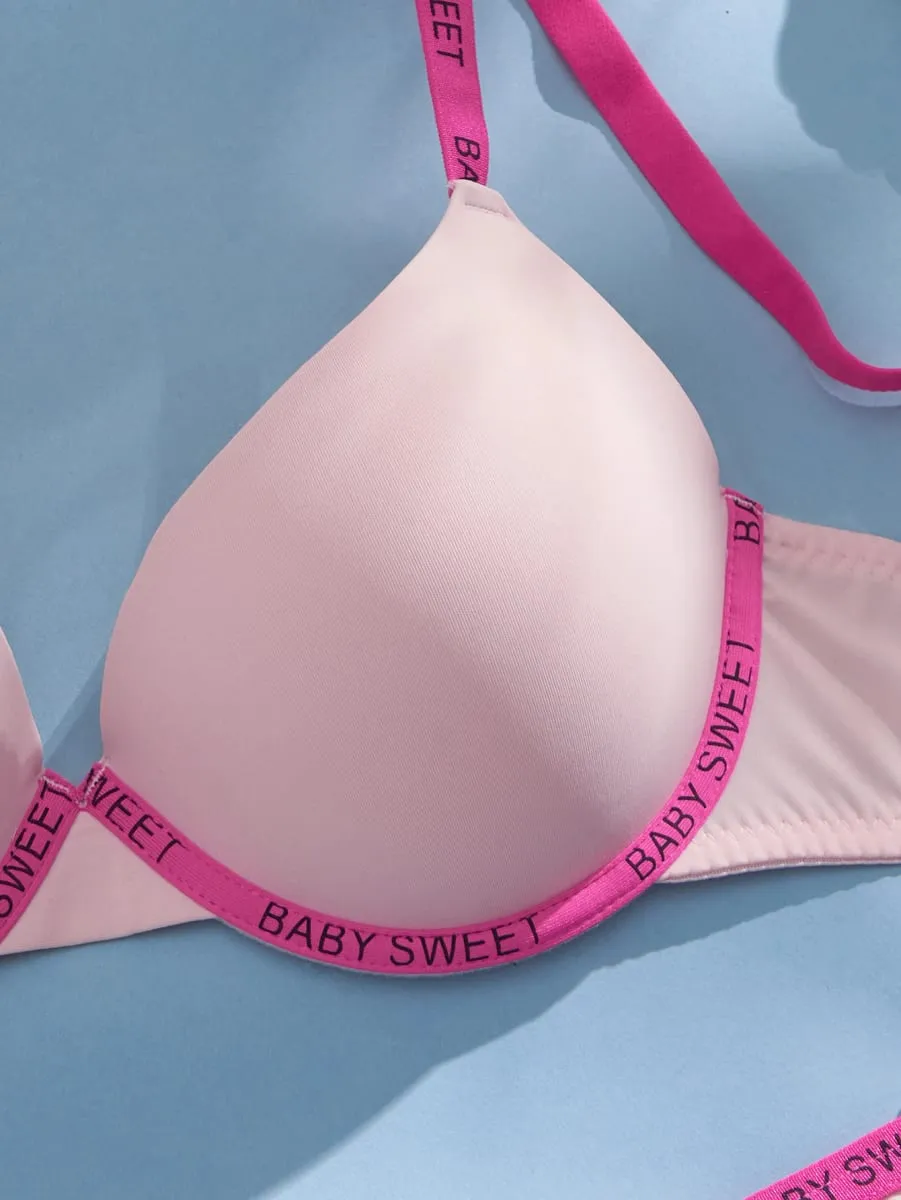 Solid Seamless Women's Underwear Set Letter Trim Push Up Bra Comfortable Underwire Support Casual Daily Lingerie Set
