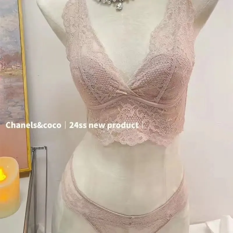 French Lace Lingerie Gathered Without Steel Rims White Inner Layer Layered Camisole Vest Bra Set Without Buttons Gather Toge