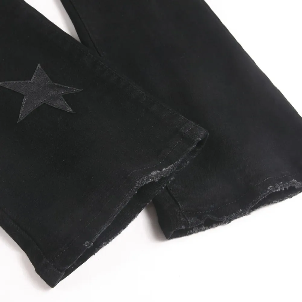 Men's Stars Patch Denim Jeans Streetwear Black Slim Bootcut Pants Punk Rivet Stretch Spandex Flared Trousers