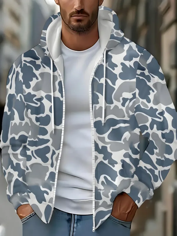 Men's Camouflage Graphic Zipper Hoodie Long Sleeve Casual Outdoor Jacket Drawstring Loose Comfortable Men's Sweatshirts Clothing