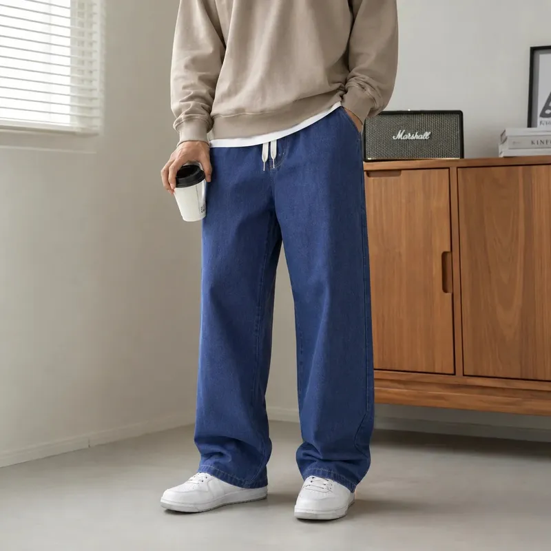 2026 New Streetwear Loose Jeans Men Korean Style Fashion Loose Straight Wide Leg Pants Men's Brand Clothing Black Light Blue