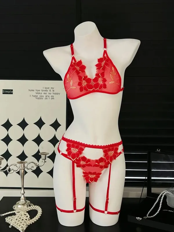 3Pcs/Set Flower Sexy Bra Set Women Bralette Girls Lace Underwear Thong Erotic Transparent Bras Lingerie Panty Sets