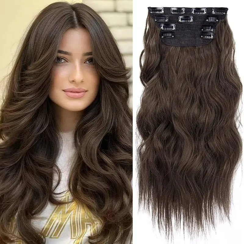 Clipe sintético longo ondulado feminino de alta temperatura, extensão de cabelo sintético, 4 peças, clipe longo, macio, ondas glam, grosso