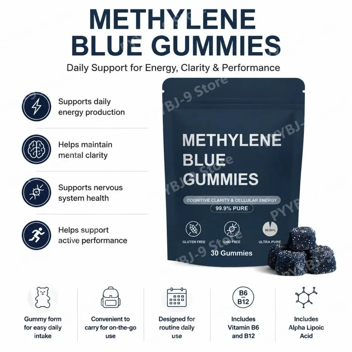 Methylene Blue Gummies with Benfotiamine Alpha Lipoic Acid Vitamin B6 & B12 for Mental Clarity and Nerve Health - 30 Gummies