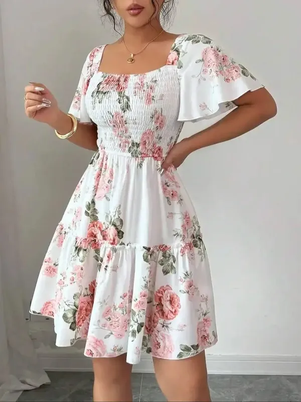 Women Floral Print Sashes Ruffle Hem Short Sleeve Casual Dress Vacation Style Women's Evening Dresses