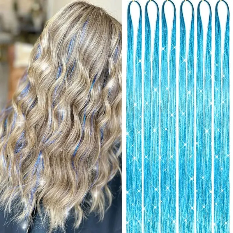 6Pcs Hair Tinsel Kit 24inch 1200 Strands Glitter Tinsel Hair Extensions Shiny Colorful Tinsel Hair Party Highlights for Women