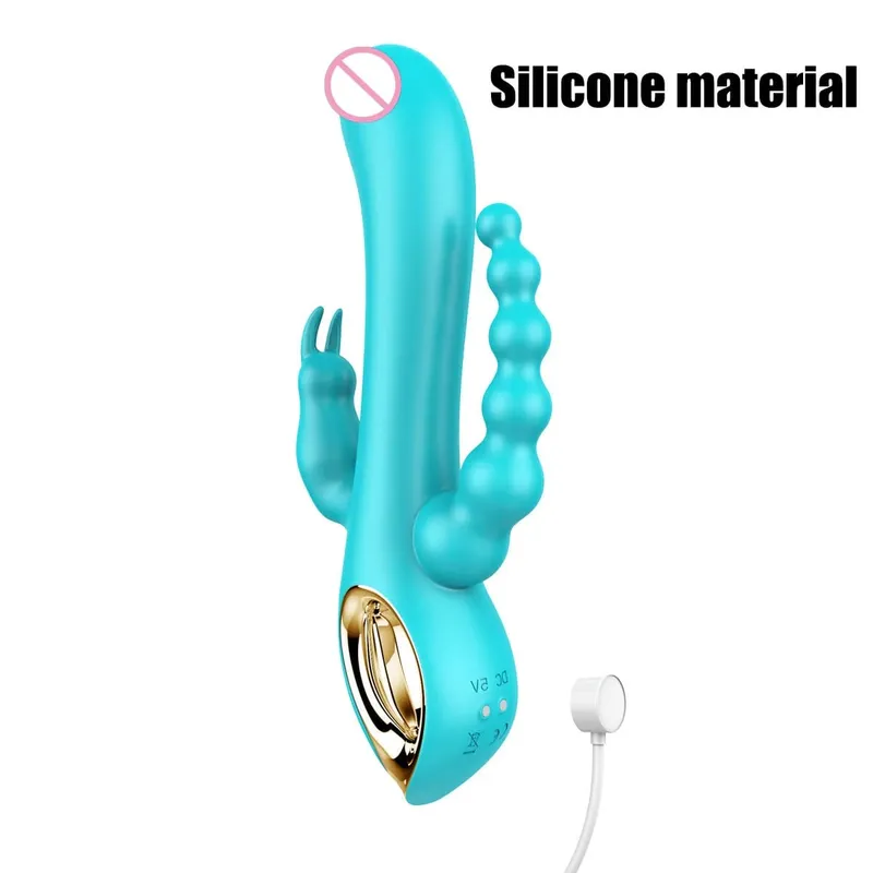 Silicone Rabbit Vibrator 3-in-1 G-Spot Clit Anal Beads Stimulator 10 Modes Thrusting Vibrating Sex Toy for Women