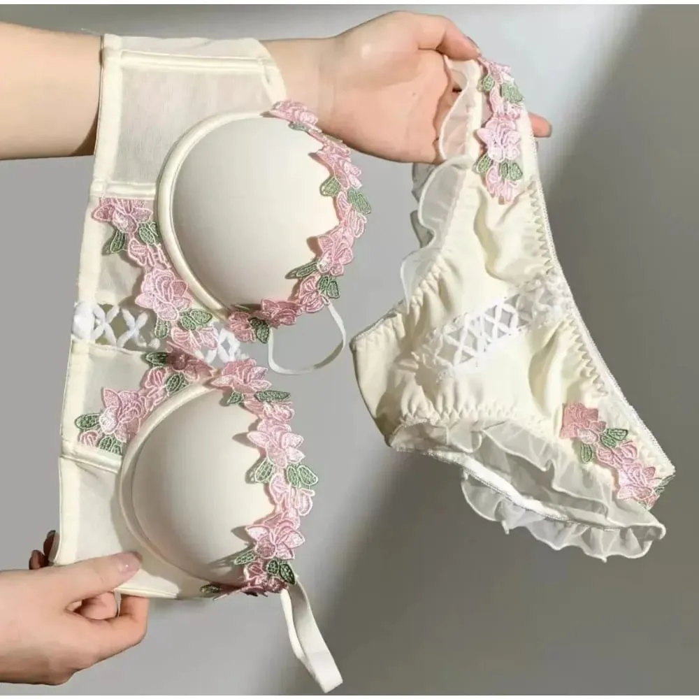 Sweet Japanese Style Lingerie Set For Women Cute Pure Desire Sexy Bra Panties Push Up Wireless Thin Cup Brassiere Summer 32‑38AB