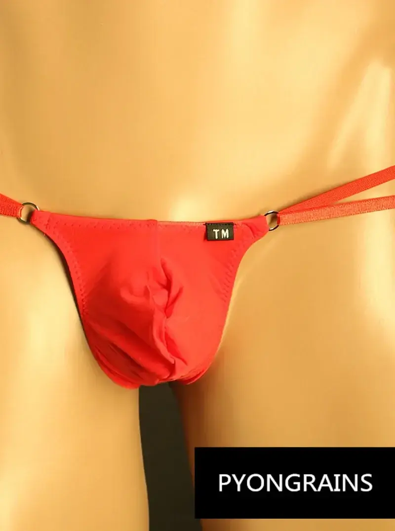 Men Adjustable Metal O-Ring Double Thin Strap Bikini Briefs Low Rise Silky Ice Silk 3D U Convex Pouch Sexy Male Underwear