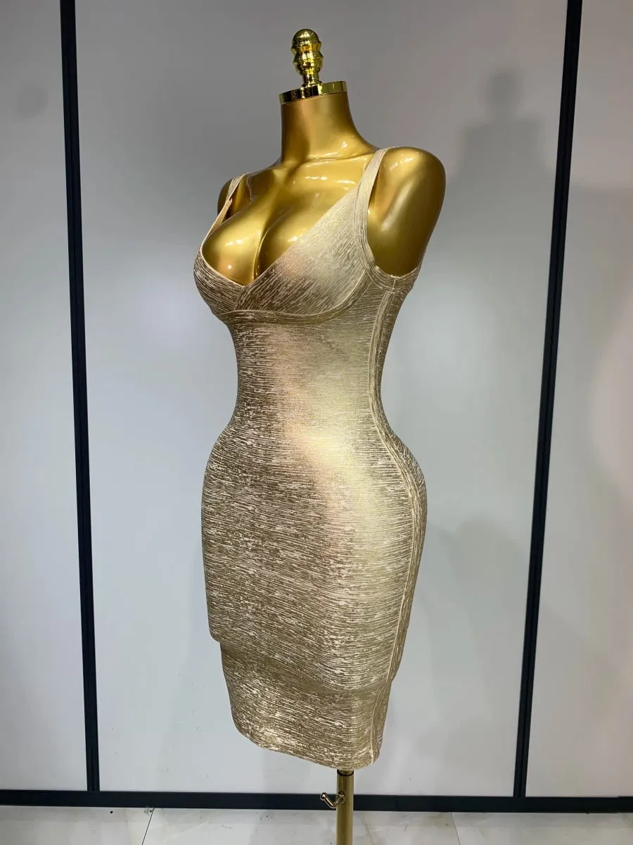 عالية الجودة المشاهير أنيقة الذهب Bodycon ضمادة فستان المرأة مثير ملهى ليلي مساء حفلة فاخرة فستان عيد ميلاد Vestidos